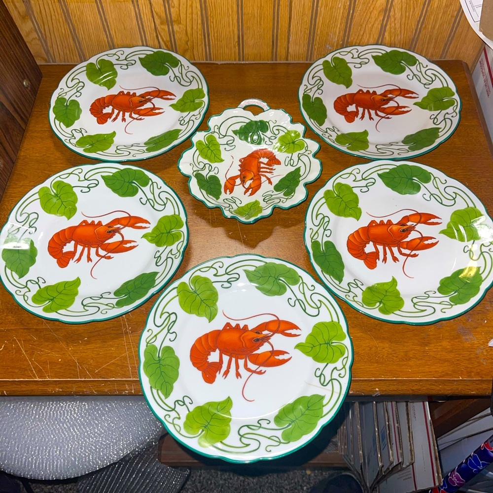 4+1 Crown SAXE Lobster Plates w/ Handle Lemon/Butter Dish MCM Excellent Vintage